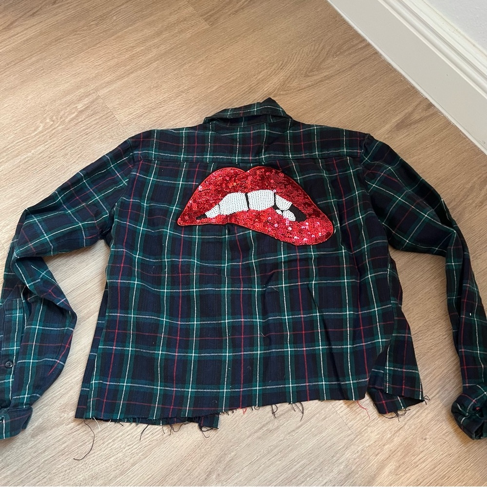 Plaid Jacket with Red Lips Patch